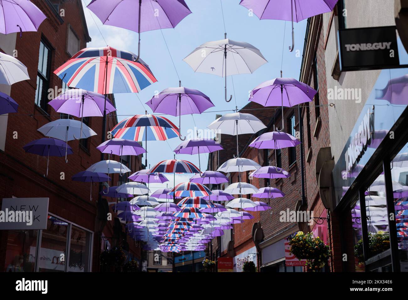 Durham UK 7th June 2022 Durham's Umbrella Street Union Jack Flag