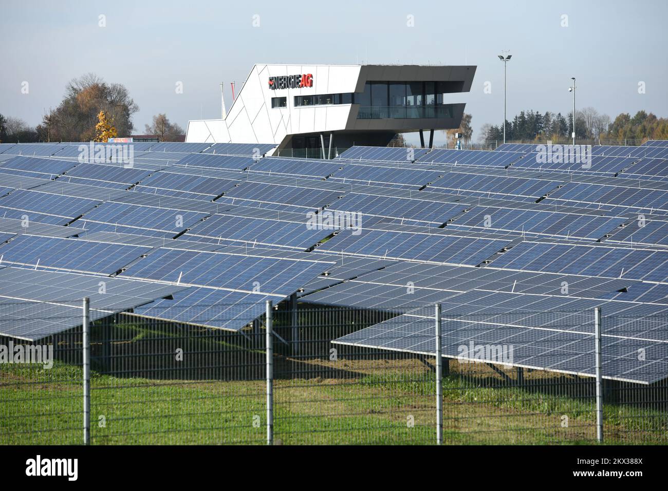 Solar campus with photovoltaic research power plant of EnergieAG in Eberstalzell (Upper Austria), Austria; Stock Photo