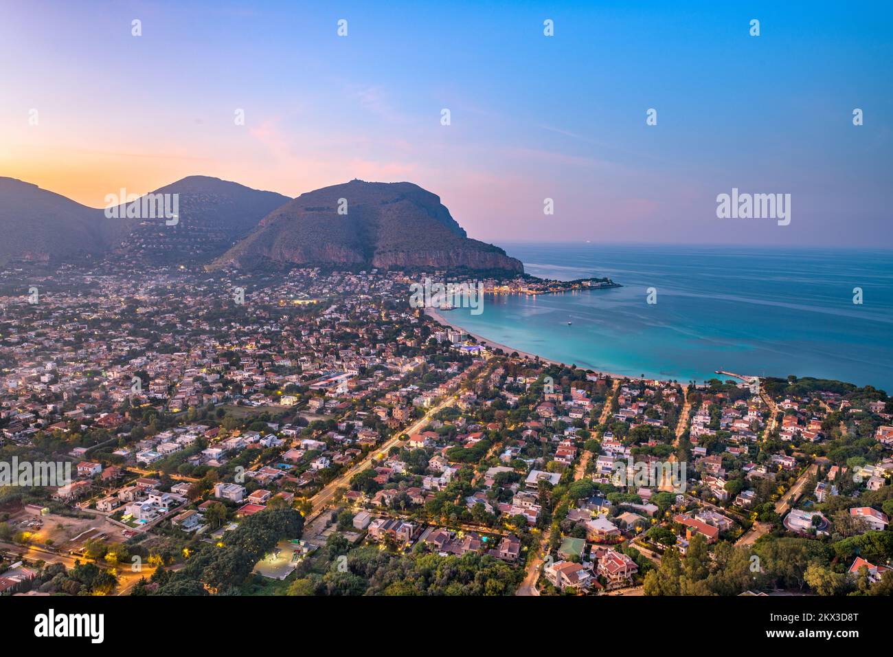 Palermo, Sicily, Italy in the Mondello borough from above at dusk. Stock Photo