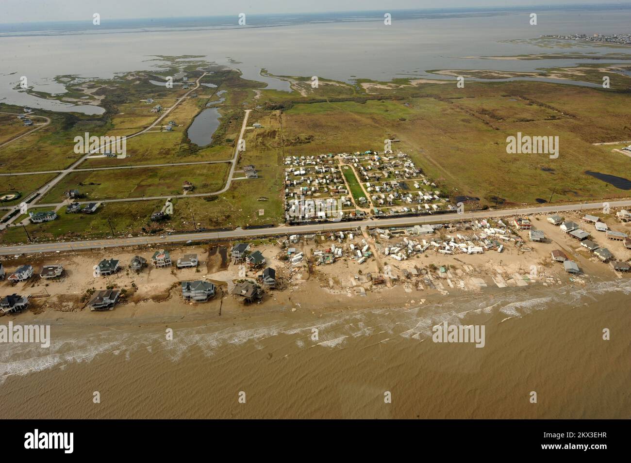 Hurricane Ike,  Galveston Island, TX, September 16, 2008   Aerial view of damage caused by Hurricane Ike. Galveston Island, TX, September 16, 2008--Aerial view of damage caused by Hurricane Ike.. Photographs Relating to Disasters and Emergency Management Programs, Activities, and Officials Stock Photo