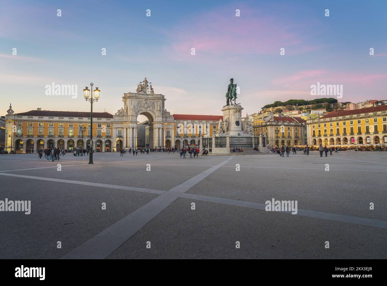 Praca do Comercio Plaza with King Dom Jose I Statue and Rua Augusta Arch at sunset - Lisbon, Portugal Stock Photo