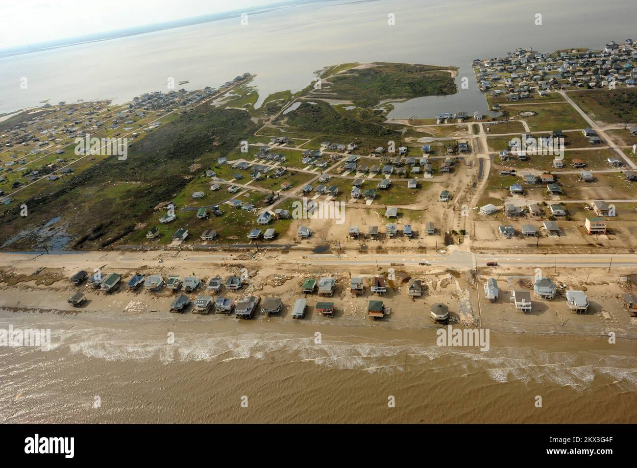 Hurricane Ike,  Galveston Island, TX, September 16, 2008   Aerial view of damage caused by Hurricane Ike. Galveston Island, TX, September 16, 2008--Aerial view of damage caused by Hurricane Ike.. Photographs Relating to Disasters and Emergency Management Programs, Activities, and Officials Stock Photo