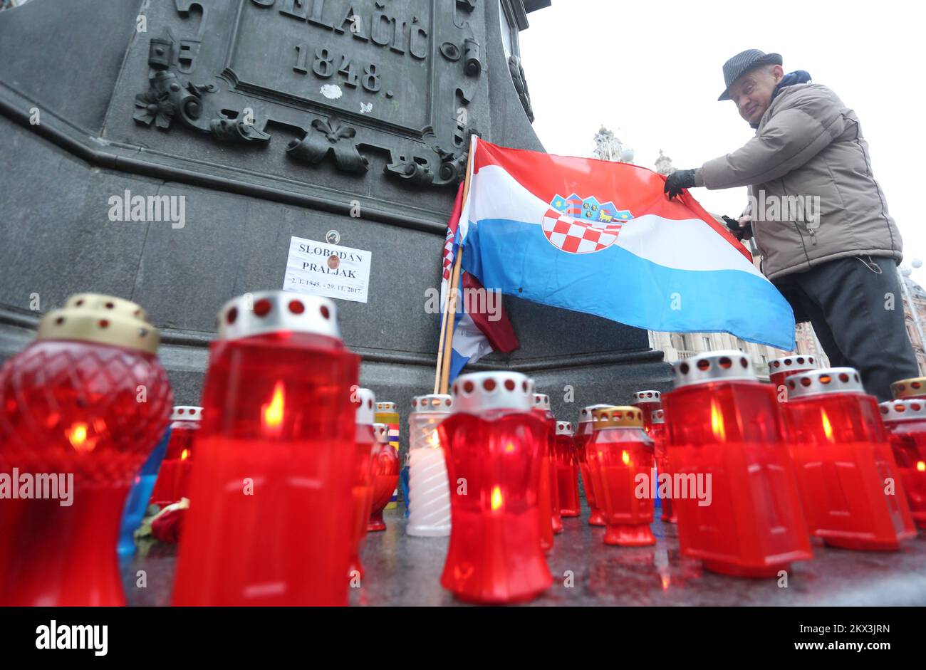 30.11.2017., Zagreb, Croatia - Members of GO! - the Generation of Renewal party lit candles at Ban Jelacic Square and paid tribute to general Slobodan Praljak, who died after appearing to drink poison at court in The Hague as UN judges upheld his 20-year sentence. Photo: Sanjin Strukic/PIXSELL Stock Photo