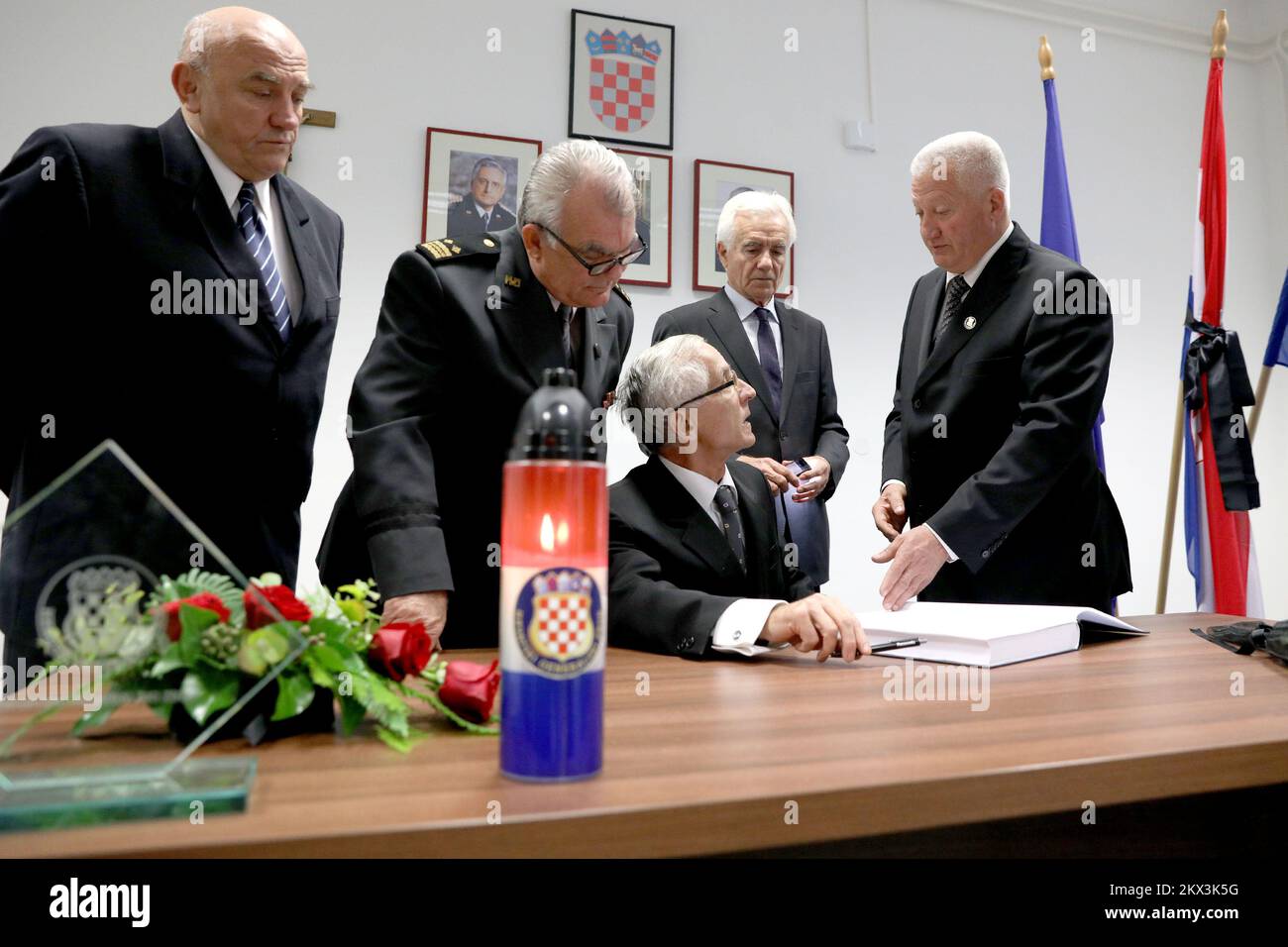 01.12.2017., Zagreb, Croatia - The Croatian Generala Association has opened a mourning book for death of Slobodan Praljak, who died after appearing to drink poison at court in The Hague as UN judges upheld his 20-year sentence. Josip Lucic, Ivan Tolj, Pavao Miljavac. Photo: Patrik Macek/PIXSELL Stock Photo