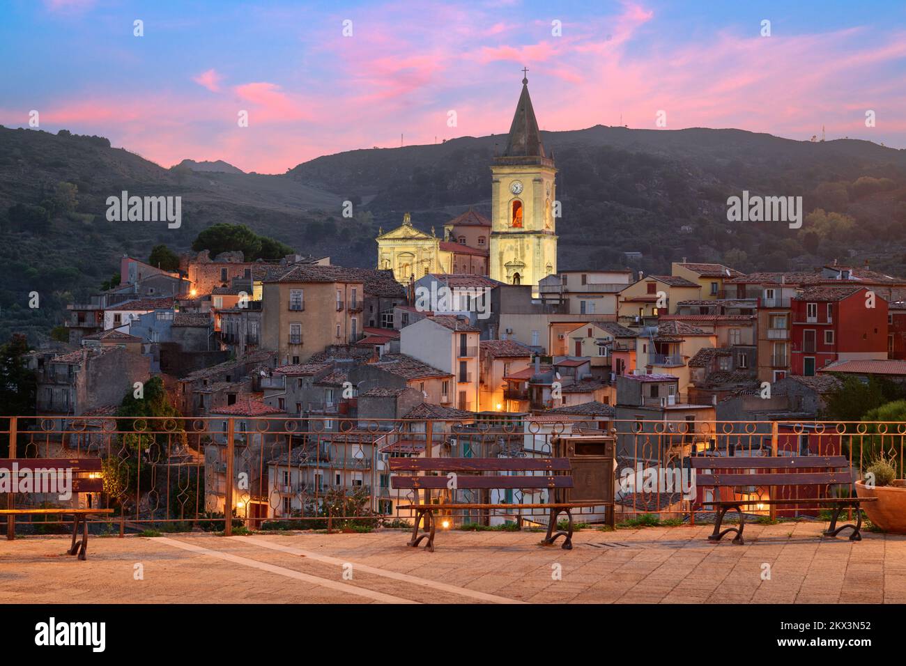 Novara di Sicilia, Italy village skyline on the island of Sicily at dusk. Stock Photo