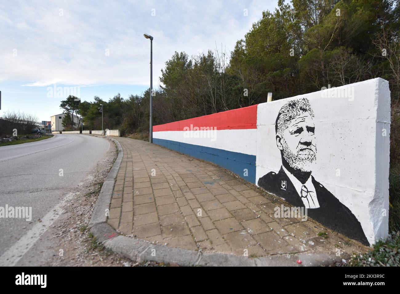 10.12.2017., Bilice - Unknown artist made a mural for general Slobodan Praljak on the entrance of Bilice near Sibenik city. Slobodan Praljak died after drinking poison at the Hague court. Photo: Hrvoje Jelavic/PIXSELL Stock Photo