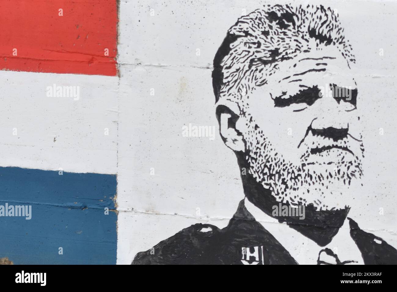 10.12.2017., Bilice - Unknown artist made a mural for general Slobodan Praljak on the entrance of Bilice near Sibenik city. Slobodan Praljak died after drinking poison at the Hague court. Photo: Hrvoje Jelavic/PIXSELL Stock Photo