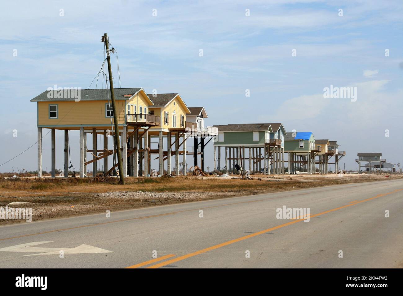 Hurricane/Tropical Storm - Bolivar Peninsula, Texas, October 15, 2008   Elevated houses along Highway 87 survived Hurricane Ike's twenty-foot storm surge with minimal damage. Homes that were not elevated in this area no longer exist. Ike came in one month ago from Galveston Bay, just across the highway to the right. Texas Hurricane Ike. Photographs Relating to Disasters and Emergency Management Programs, Activities, and Officials Stock Photo