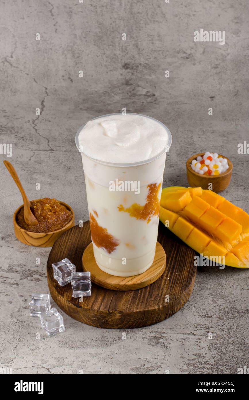 Boba or tapioca pearls is taiwan bubble milk tea in plastic cup with