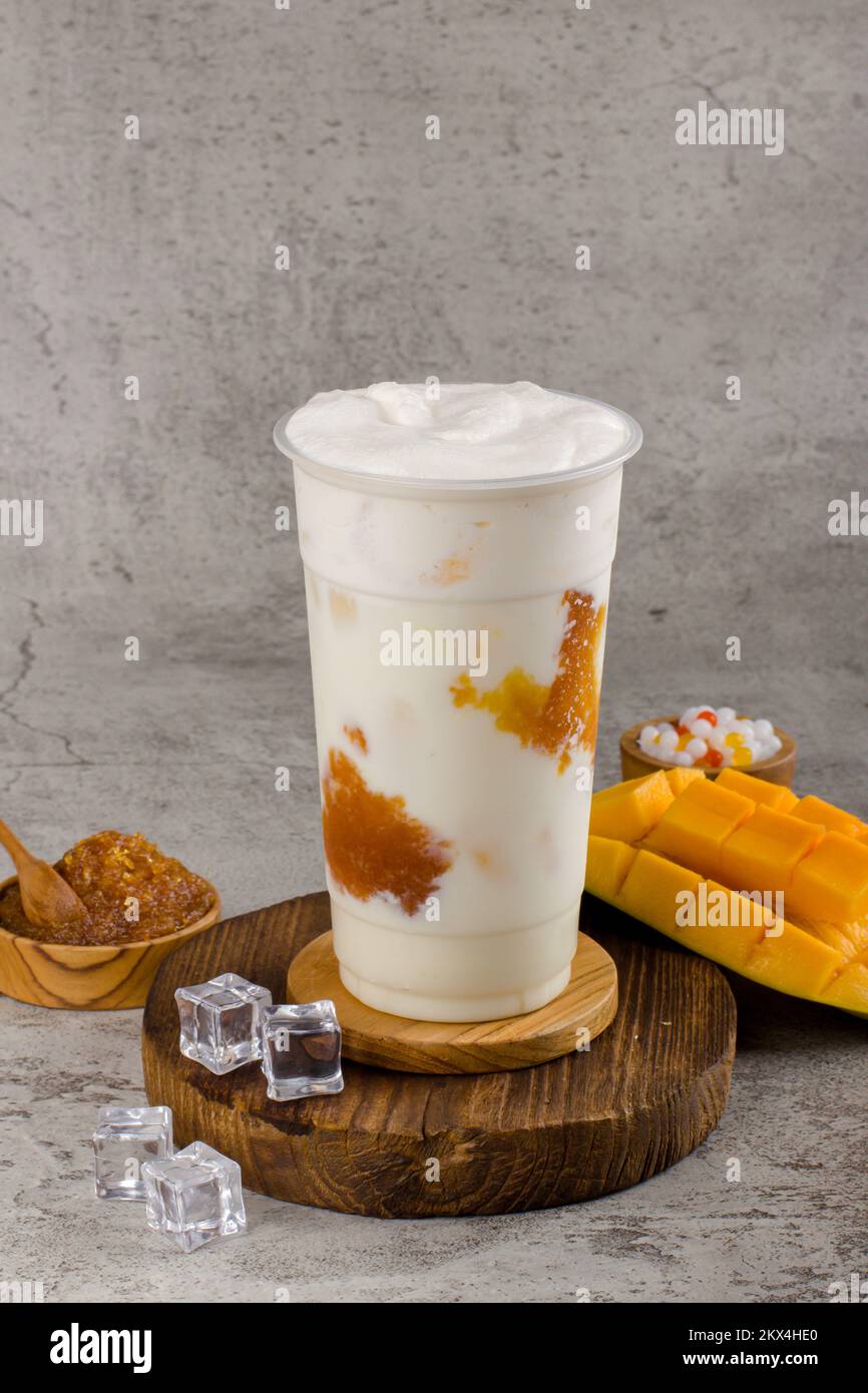 Boba or tapioca pearls is taiwan bubble milk tea in plastic cup with