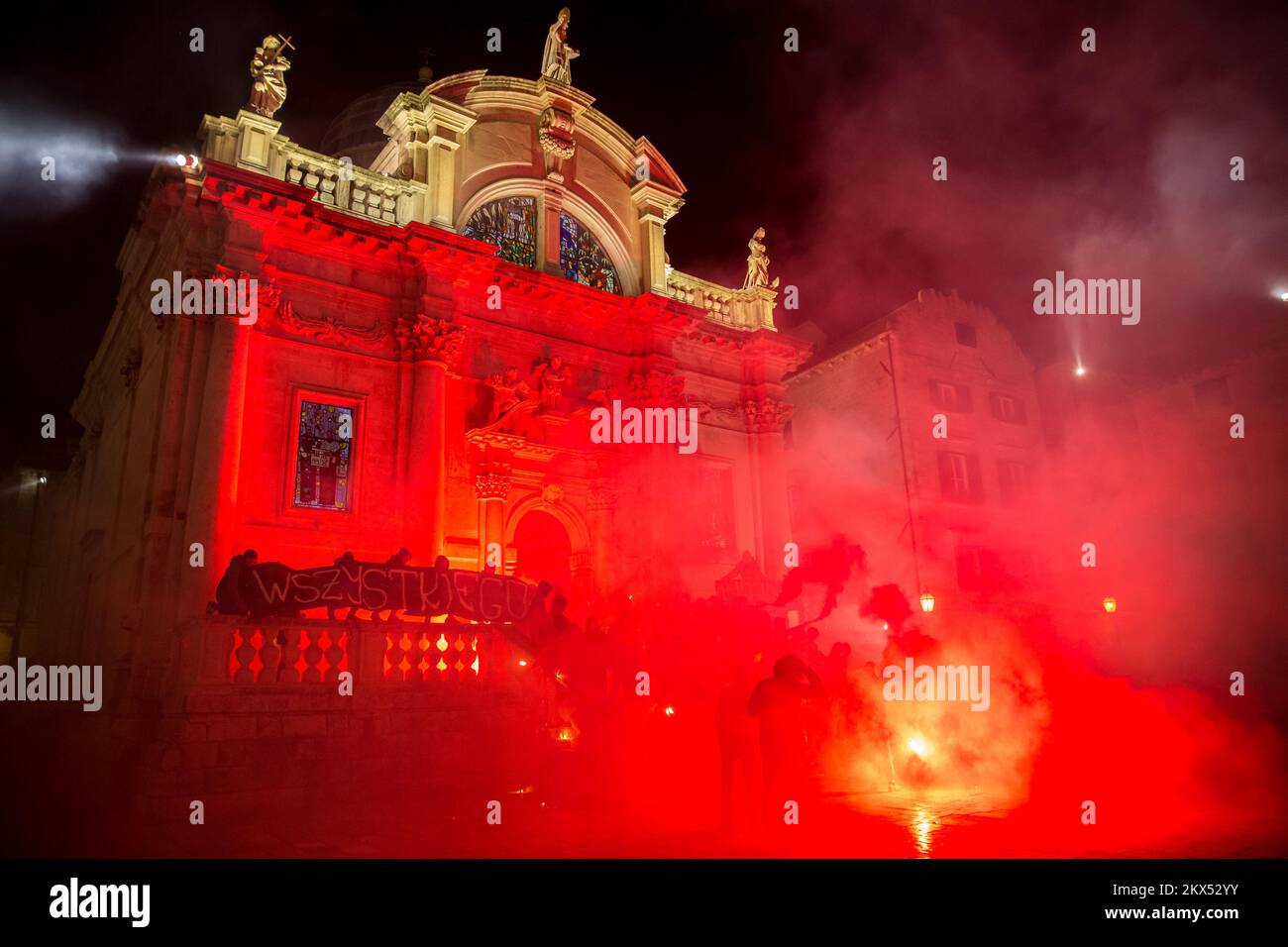 27.02.2018., Dubrovnik, Croatia - Supporters of HNK Hajduk, Torcida, burn flares in front of The Church of St. Blaise. Photo: Grgo Jelavic/PIXSELL Stock Photo