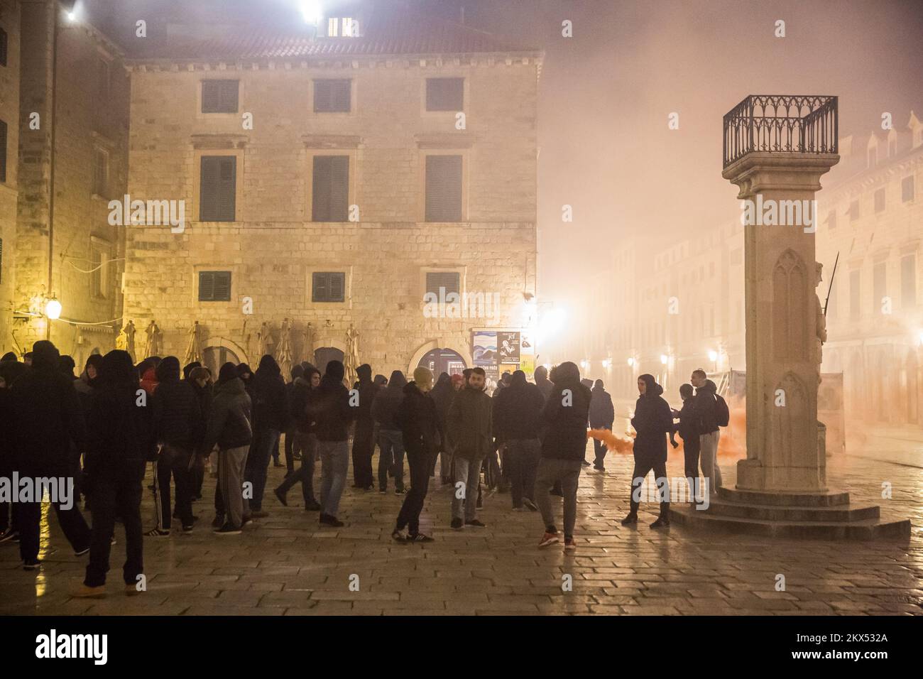 27.02.2018., Dubrovnik, Croatia - Supporters of HNK Hajduk, Torcida, burn flares in front of The Church of St. Blaise. Photo: Grgo Jelavic/PIXSELL Stock Photo