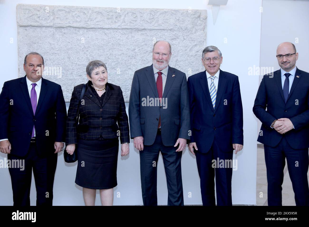 15.03.2018, Zagreb, Croatia - Vice President of the Croatian Parliament knight of the Holy Sepulchre Zeljko Reiner received today a delegation from the World Jewish Restitution Organization. Ambassador of Israel to Croatia Zina Kalay Kleitman, US ambassador to Croatia Robert Kohorst, Zeljko Reiner, Milijan Brkic. Photo: Patrik Macek/PIXSELL Stock Photo