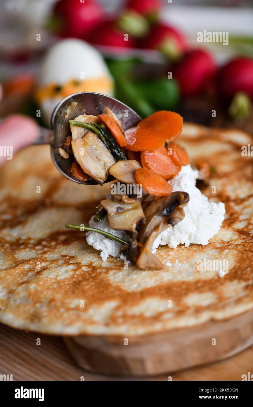 22.03.2018., Rijeka, Croatia - Easter delicacies. Vegetarian breakfast ...