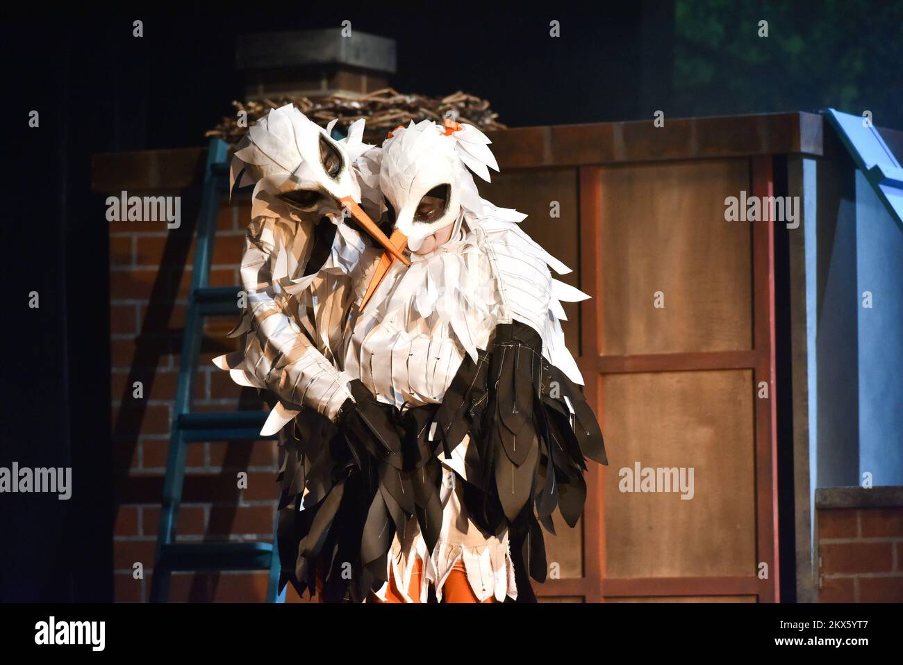 25.04.2018., Zagreb, Croatia - The remarkable love story of two long-legged birds from eastern Croatia, which has gone on for the last 16 years, has now been turned into a theatre play. â€˜Malena & Klepetan â€“ Love at first flapâ€™, written by Mirjana Piculjan Striga and directed by Zelimir Mesaric, at Zar Ptica theatre. The love story of storks Klepetan and Malena has captured the hearts of many for 16 years now. The two storks made their nest on a chimney in Brodski Varos in eastern Croatia more than two decades ago. Photo: Davor Visnjic/PIXSELL Stock Photo