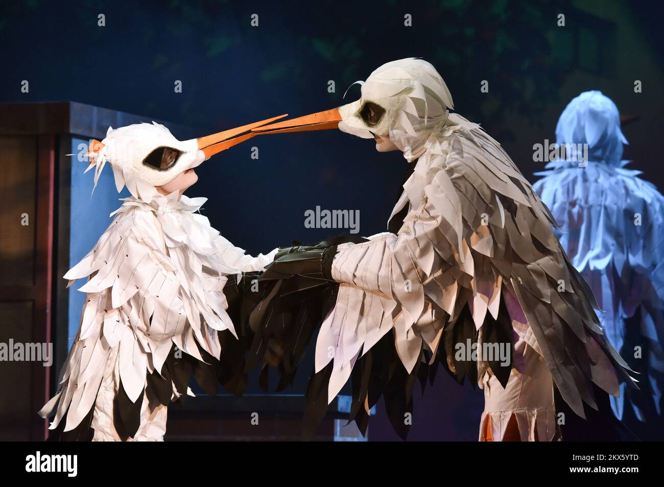 25.04.2018., Zagreb, Croatia - The remarkable love story of two long-legged birds from eastern Croatia, which has gone on for the last 16 years, has now been turned into a theatre play. â€˜Malena & Klepetan â€“ Love at first flapâ€™, written by Mirjana Piculjan Striga and directed by Zelimir Mesaric, at Zar Ptica theatre. The love story of storks Klepetan and Malena has captured the hearts of many for 16 years now. The two storks made their nest on a chimney in Brodski Varos in eastern Croatia more than two decades ago. Photo: Davor Visnjic/PIXSELL Stock Photo