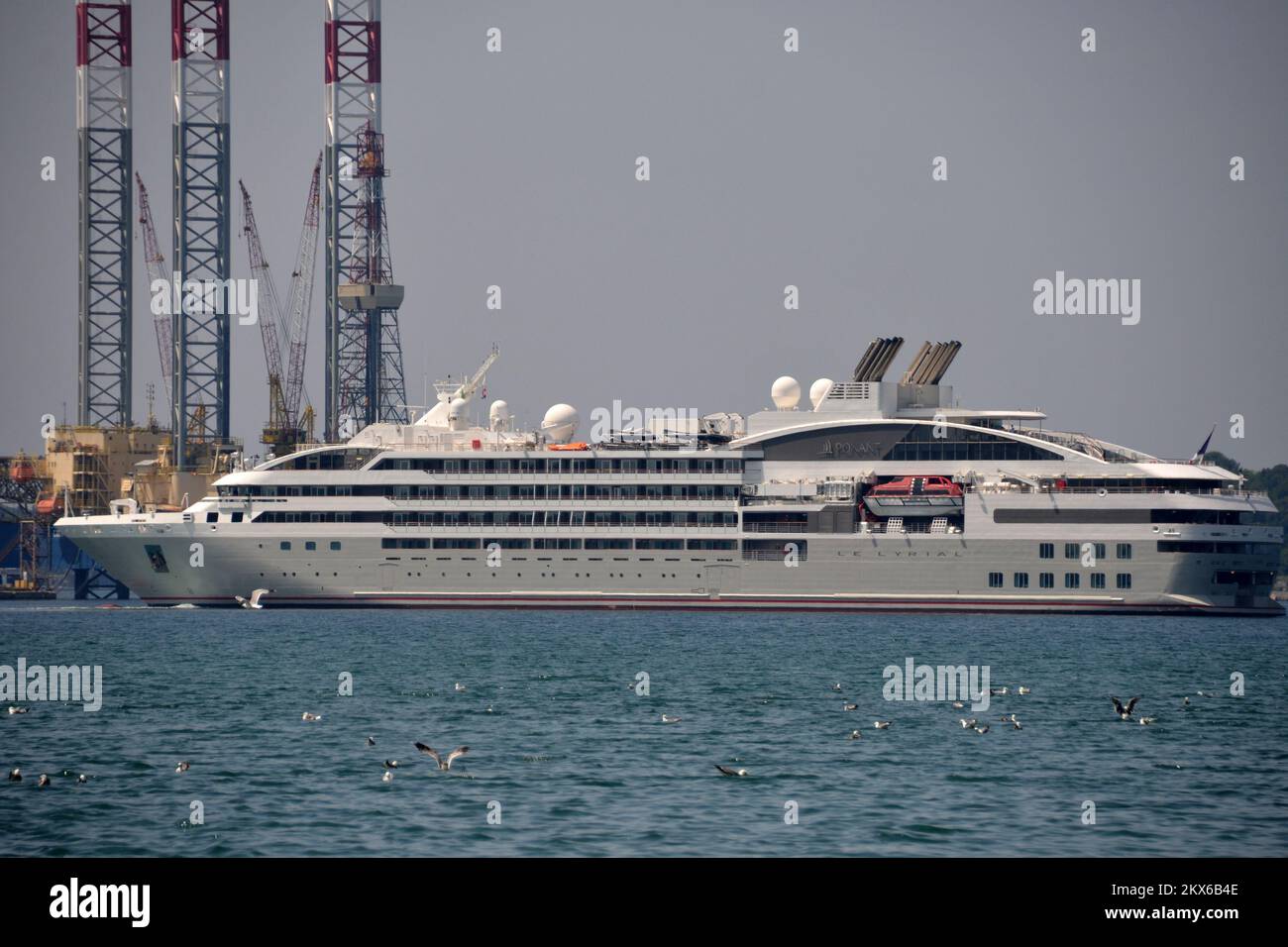 30.05.2018., Pula- Cruiser Le Lyrial, 142 meters long, built in the Italian shipyard Fincantieri in Ancona, drove this morning came on few hours in Pula This luxury boat, has 122 cabins with private balconies, receiving 264 passengers, of which nearly 150 crew members are cared for. Photo: Dusko Marusic/Pixsell  Stock Photo