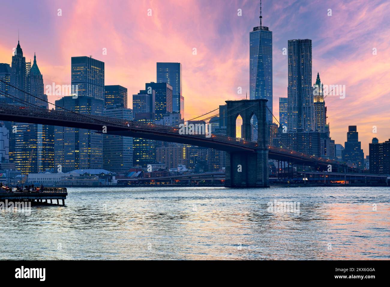 New York. Manhattan. United States. Brooklyn Bridge at sunset Stock
