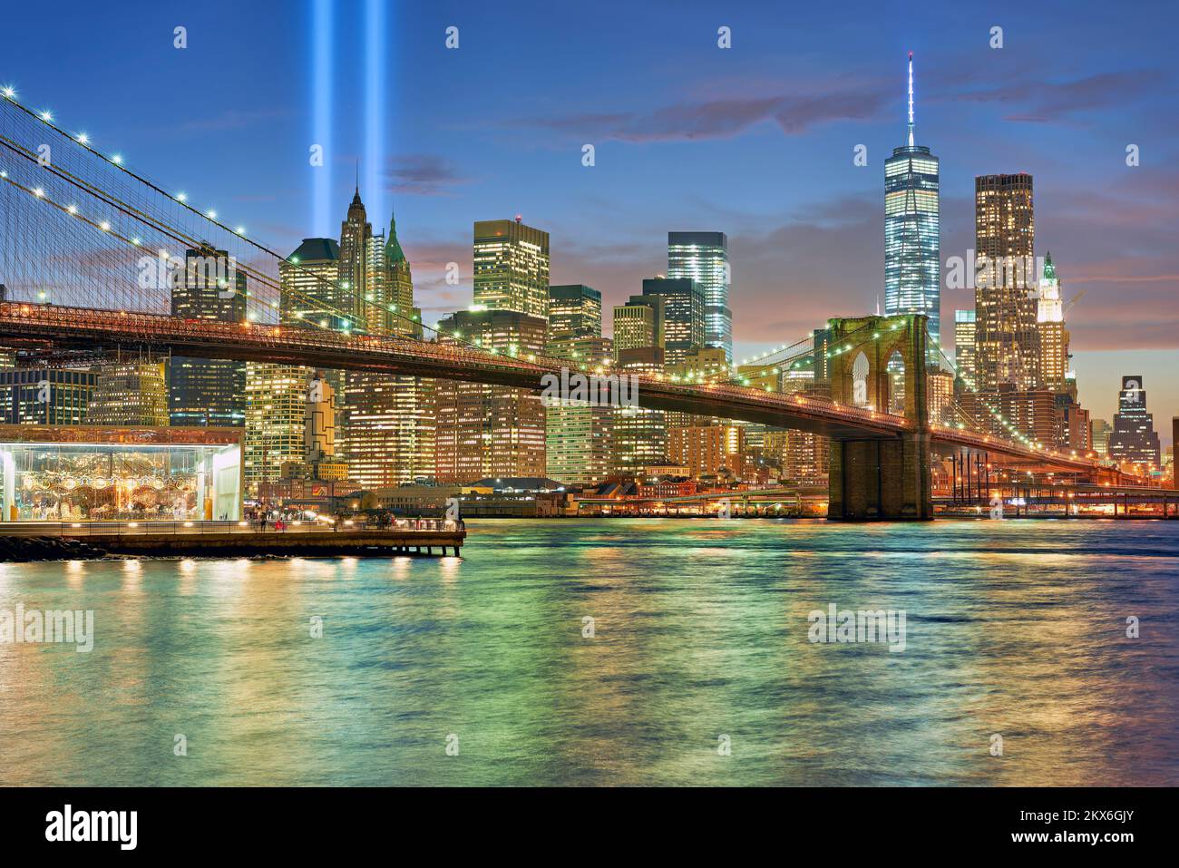 New York. Manhattan. United States. The Tribute in Light is an art installation created in remembrance of the September 11 attacks Stock Photo