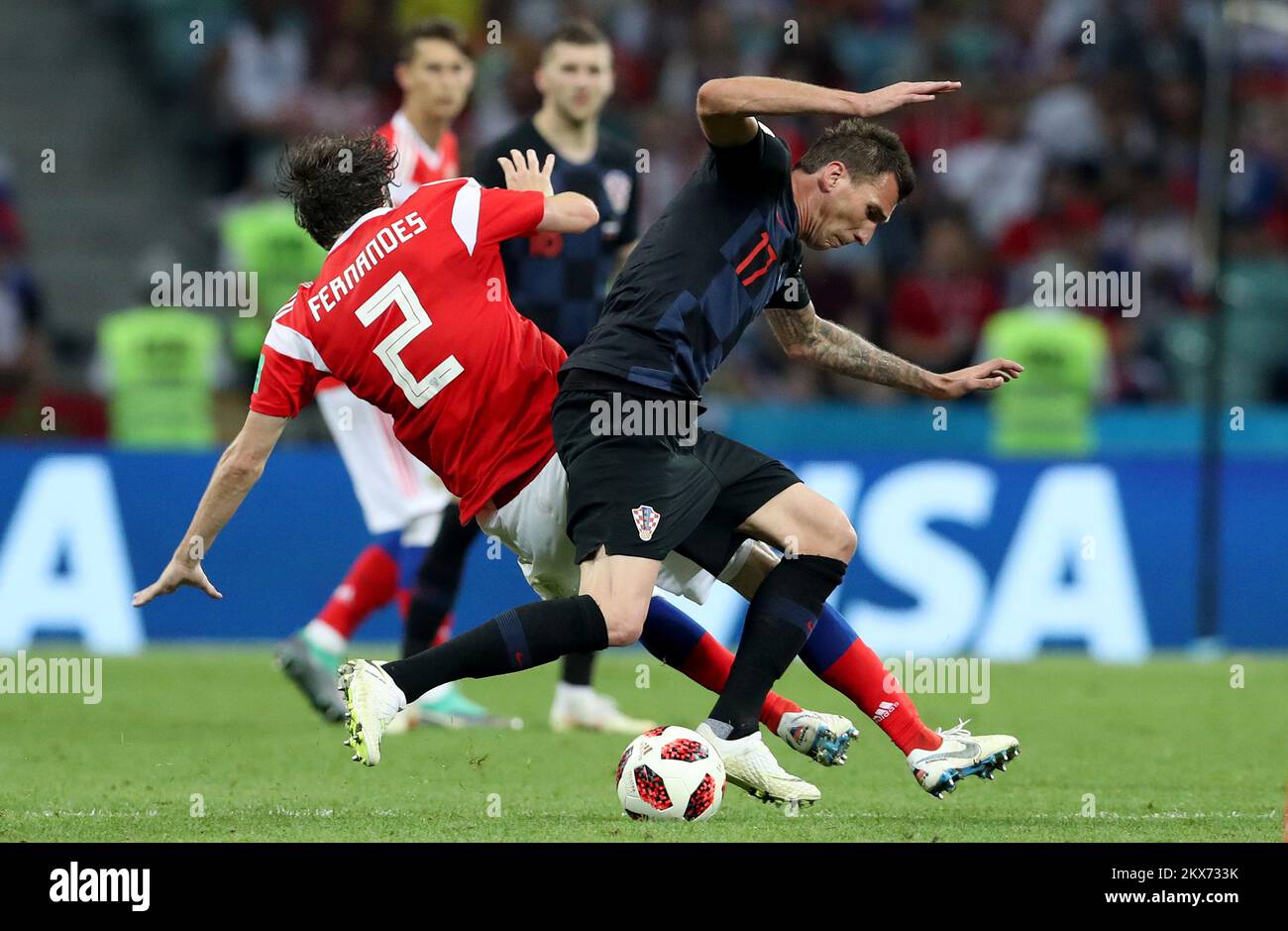 07.07.2018, Fist Stadium, Soci, Russia - 2018 World Cup, quarter-finals, Russia - Croatia. Mario Mandzukic, Mario Fernandes. Photo: Igor Kralj/PIXSELL Stock Photo