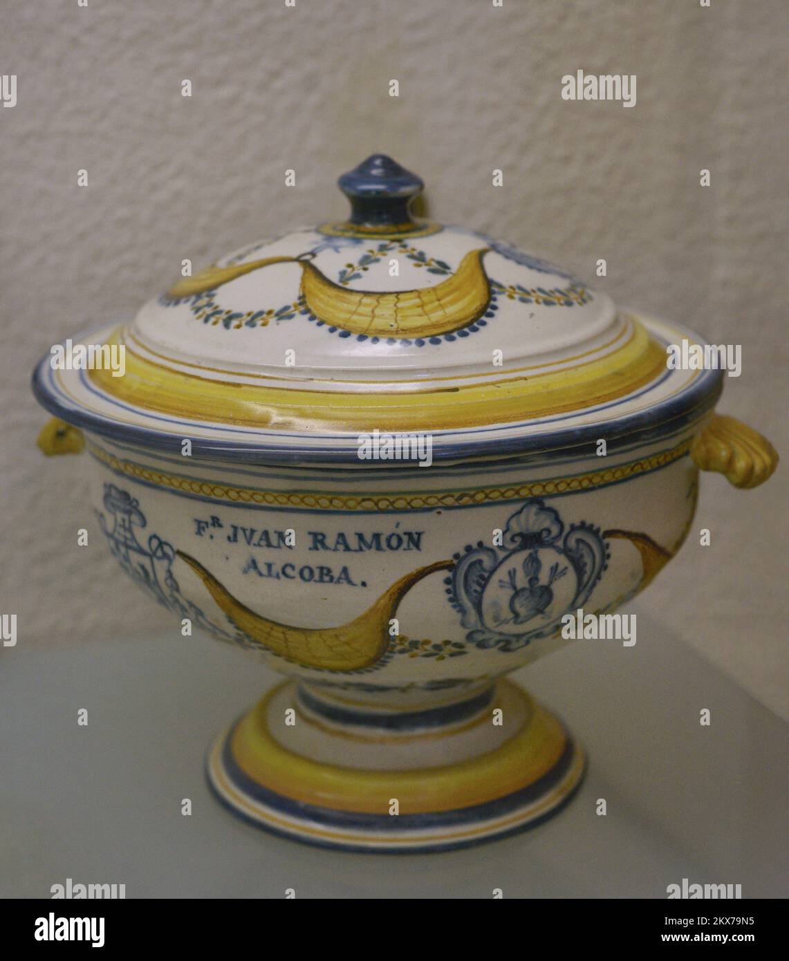 Tureen. 18th century. Ceramic. From Talavera de la Reina (Toledo province, Spain). The owner's name appears: Juan Ramón Alcoba. Sephardic Museum. Toledo. Castile-La Mancha. Spain. Stock Photo