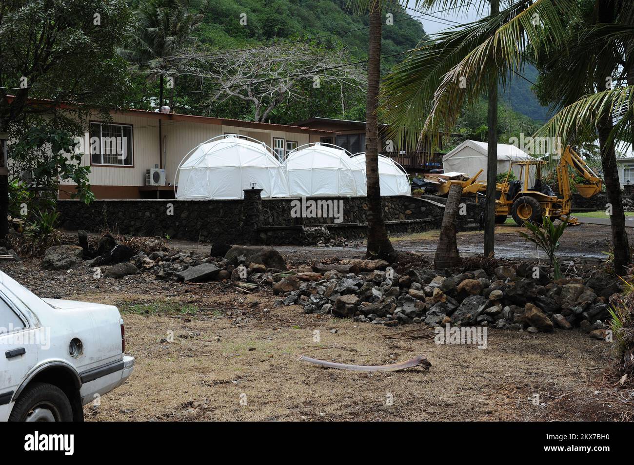 Three Federal Emergency Management Agency Tents. American Samoa Earthquake, Tsunami, and Flooding. Photographs Relating to Disasters and Emergency Management Programs, Activities, and Officials Stock Photo