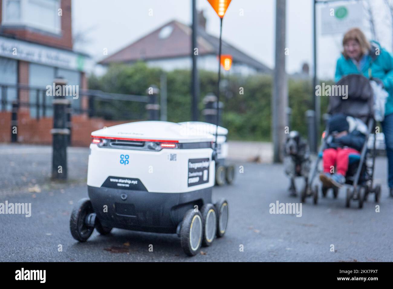 Starship robots delivering CoOp (cooperative) supermarket groceries