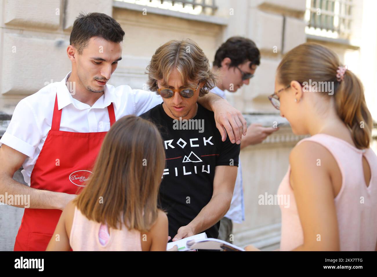 05.08.2018., Zadar , Croatia - Croatian football player Luka Modric after the Mass signing autographs and photographed with fans in front of the church Photo: Filip Brala/PIXSELL  Stock Photo