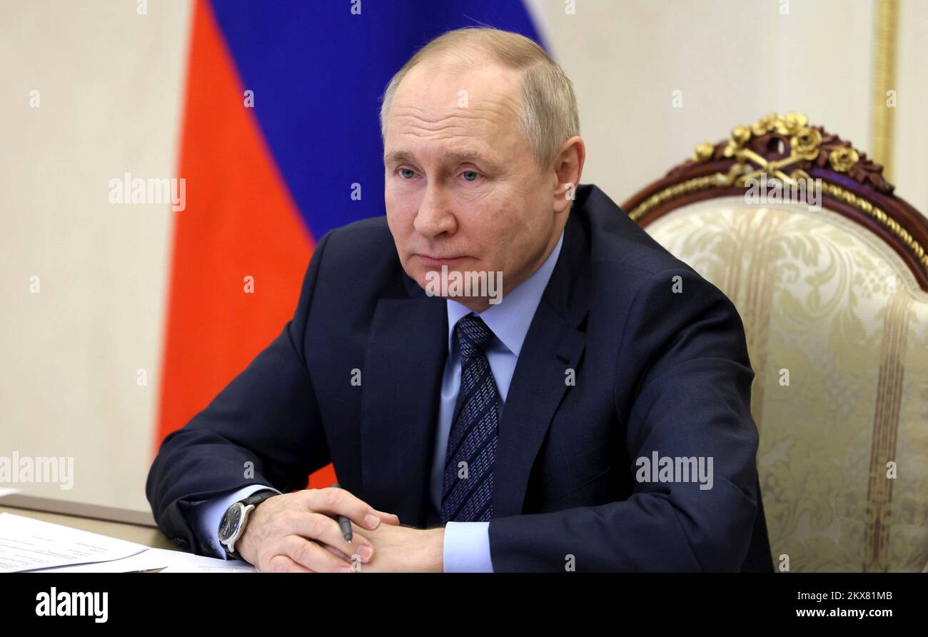 Moscow, Russia. 30th Nov, 2022. Russian President Vladimir Putin attends the opening ceremonies of various facilities across Russia overhauled as part of federal and regional development programs, via video link from the Kremlin, November 30, 2022 in Moscow, Russia. Credit: Mikhail Metzel/Kremlin Pool/Alamy Live News Stock Photo