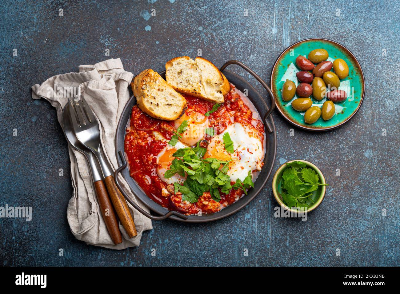 Middle Eastern and Maghrebi healthy dish Shakshouka made of eggs and
