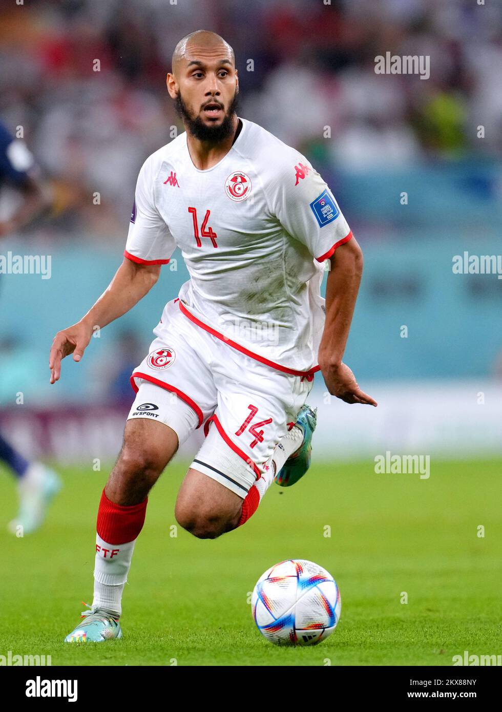 Tunisia's Aissa Laidouni during the FIFA World Cup Group D match at the Education City Stadium in Al Rayyan, Qatar. Picture date: Wednesday November 30, 2022. Stock Photo