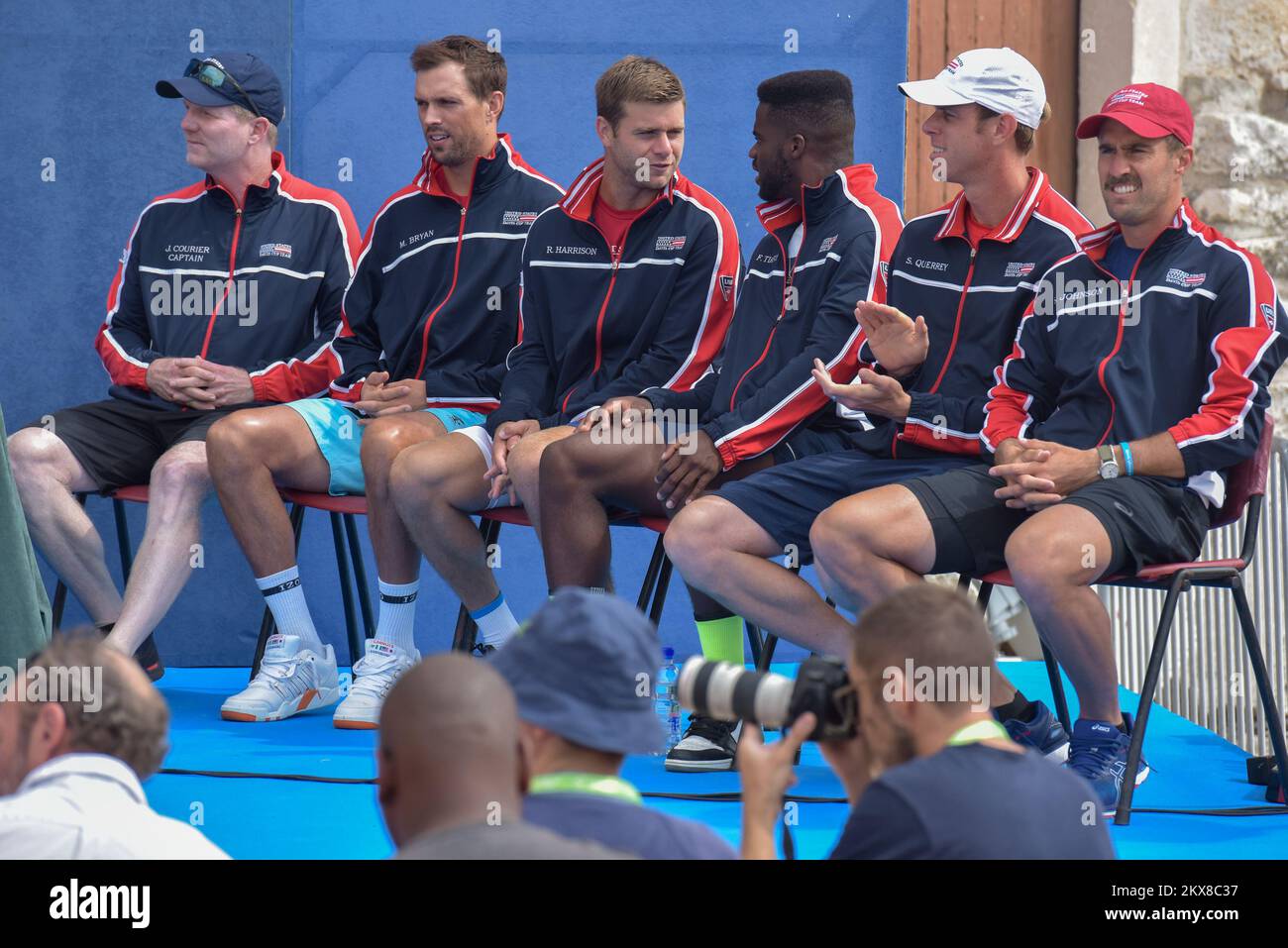 13.09.2018., Zadar, Croatia - The draw for the Davis Cup semi-final between Croatia and the USA. The two teams will battle it out at Sportski centar Visnjik from 14-16 September 2018 in Zadar for a place in the Davis Cup final. Jim Courier, Frances Tiafoe, Mike Bryan, Ryan Harrison, Steve Johnson, Photo: Dino Stanin/PIXSELL Stock Photo