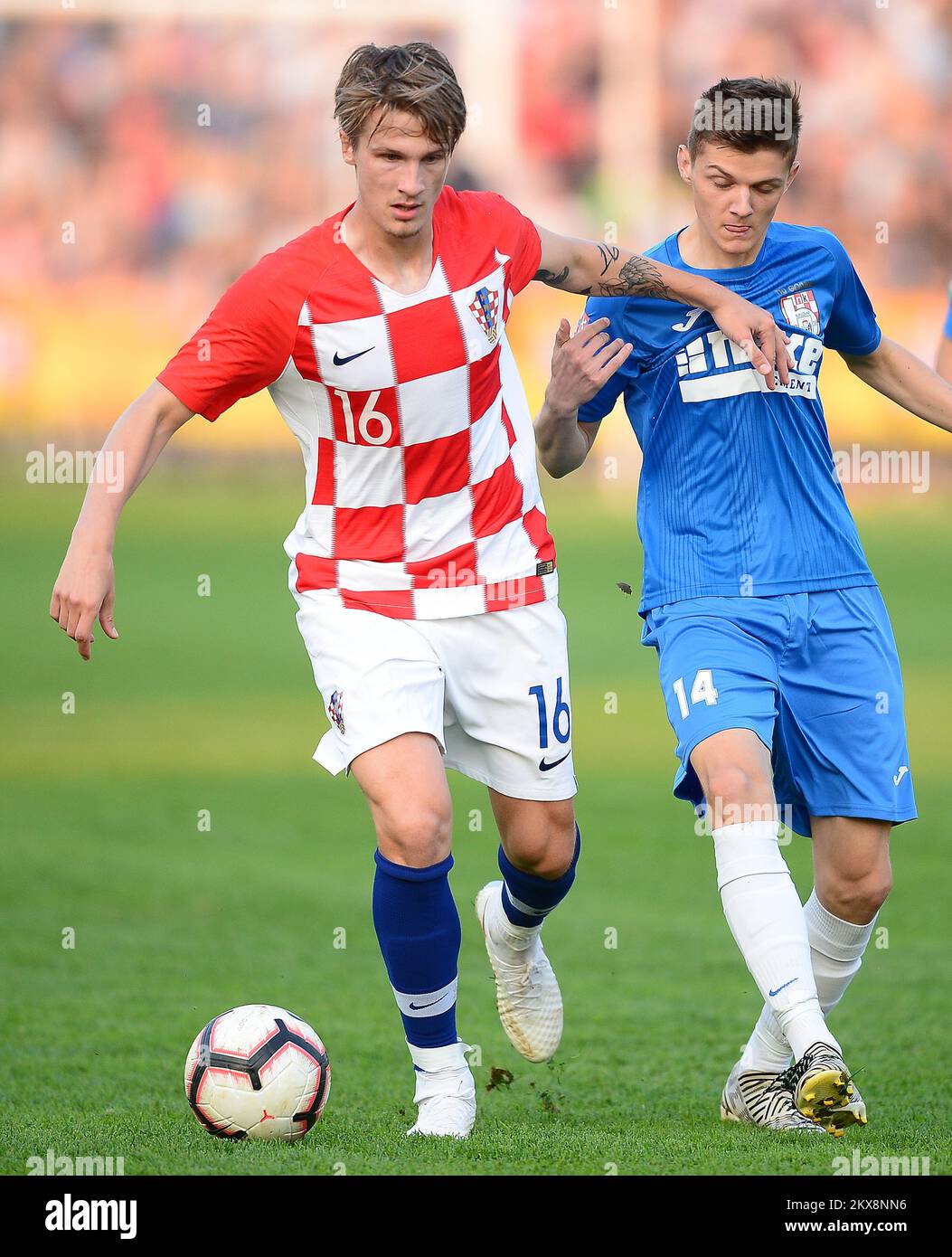 09.10.2018., Croatia, Bjelovar - At the City Stadium was played a festive match between NK Bjelovar and the Croatian national football team on the occasion of the 110th anniversary of the club. Tin Jedvaj, Jakov Pranjic. Photo: Marko Prpic/PIXSELL Stock Photo