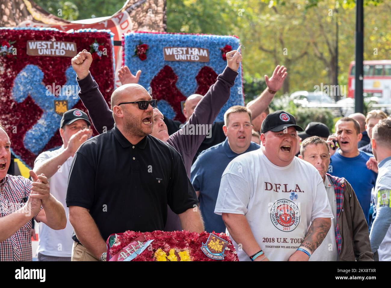 Democratic Football Lads Alliance, DFLA, marched towards Parliament, London, UK, in a protest demonstration against terrorism. West Ham supporters Stock Photo