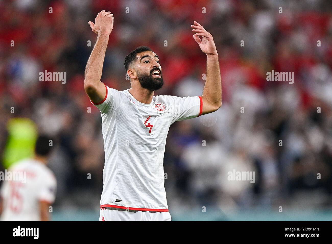 AL RAYYAN, QATAR - NOVEMBER 30: Yassine Meriah of Tunisia reacts during the Group D - FIFA World Cup Qatar 2022 match between Tunisia and France at the Education City Stadium on November 30, 2022 in Al Rayyan, Qatar (Photo by Pablo Morano/BSR Agency) Credit: BSR Agency/Alamy Live News Stock Photo
