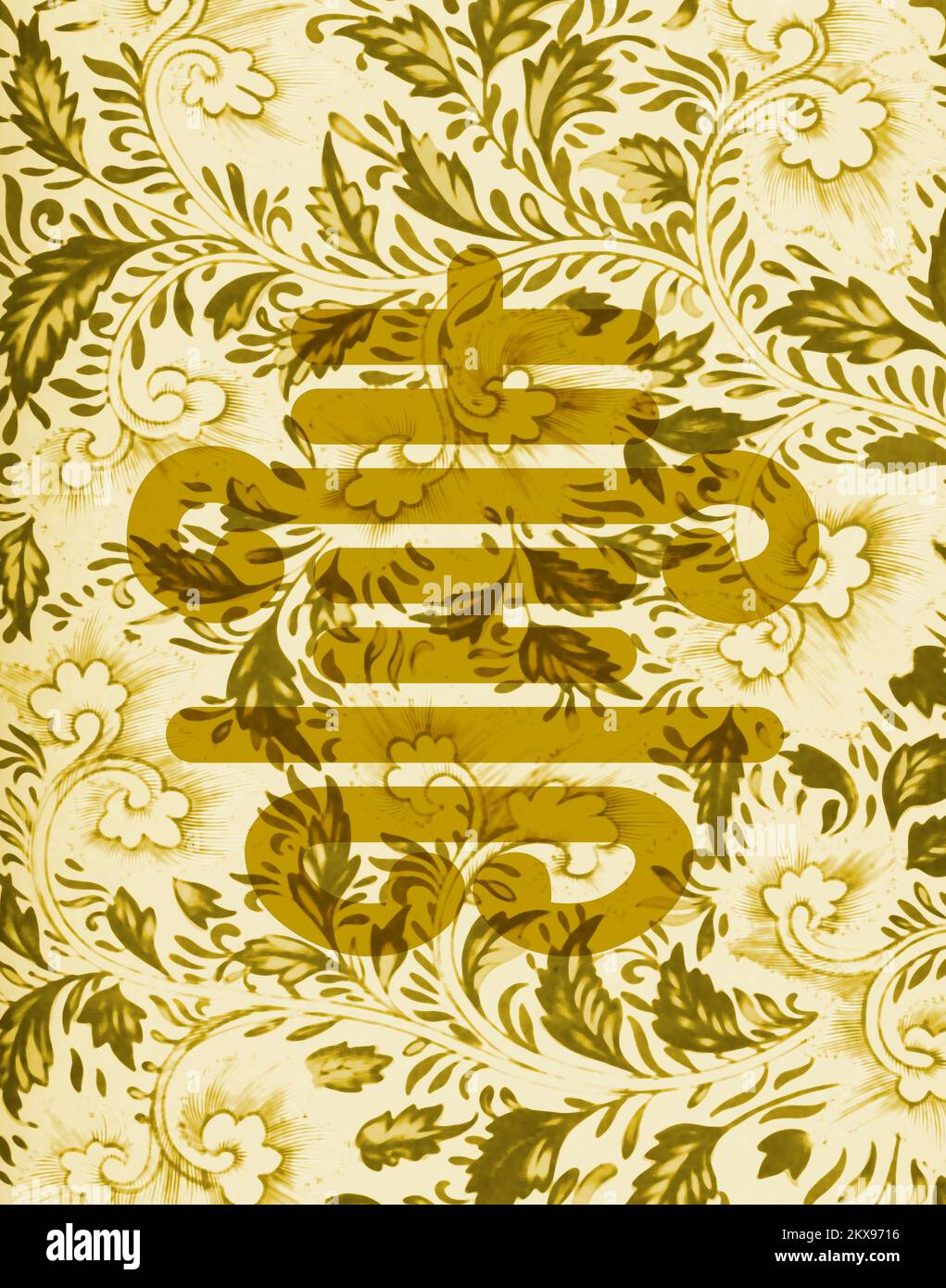 Feng shui longevity symbol on vintage golden pattern wallpaper. Stock Photo