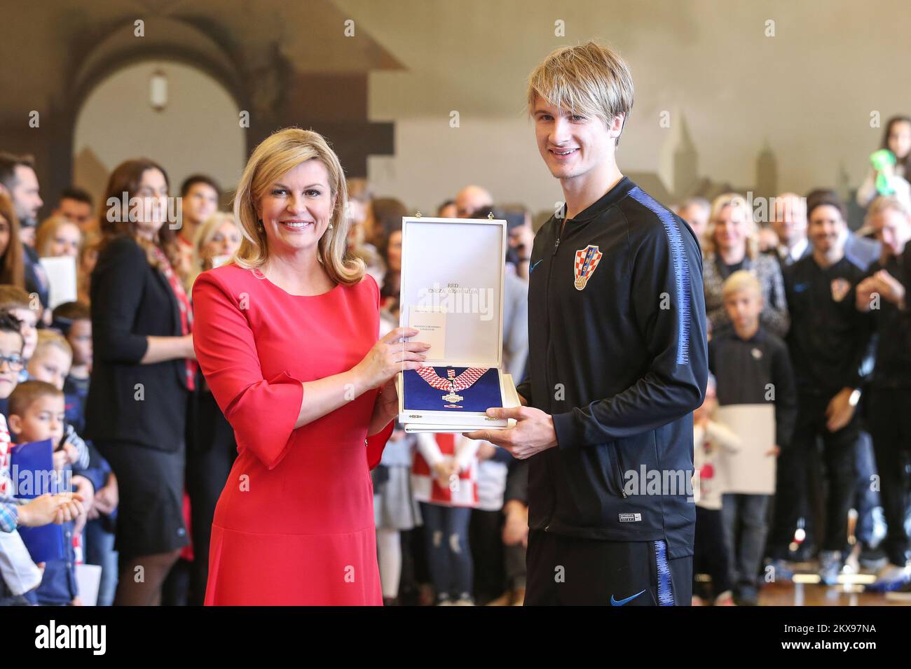 13.11.2018., Croatia, Zagreb - President of the Republic of Croatia Kolinda Grabar-Kitarovic presented state medals and acknowledgments to the head coach, players and members of the proffesional staff of Croatian national football team and the Croatian Football Federation for the final placement at the Russia World Cup. Tin Jedvaj. Photo: Luka Stanzl/PIXSELL  Stock Photo