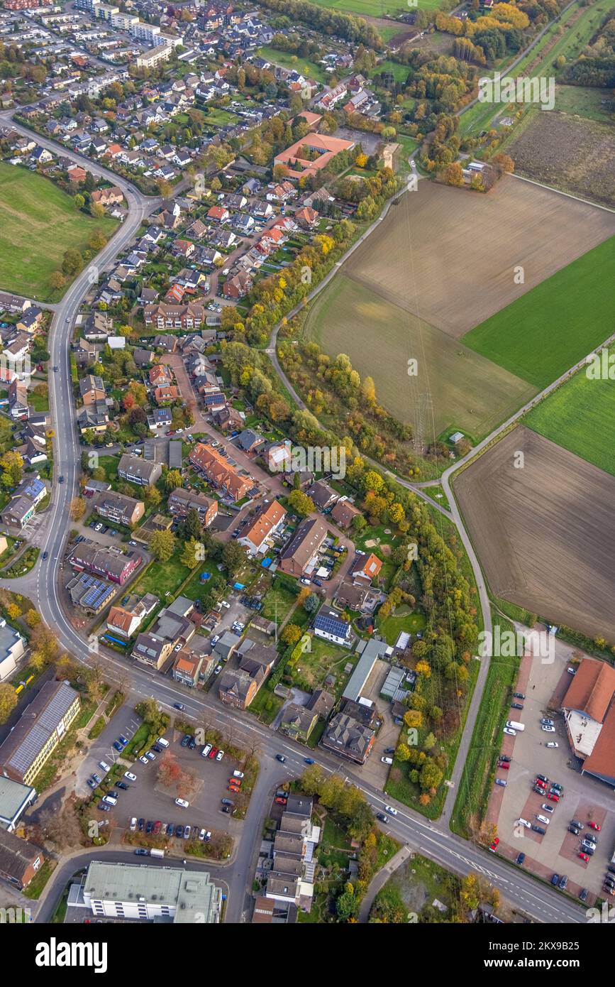 Aerial view, Realschule Oberaden, Kuhbach Trasse, Oberaden, Bergkamen, Ruhr area, North Rhine-Westphalia, Germany, Education, Educational institution, Stock Photo