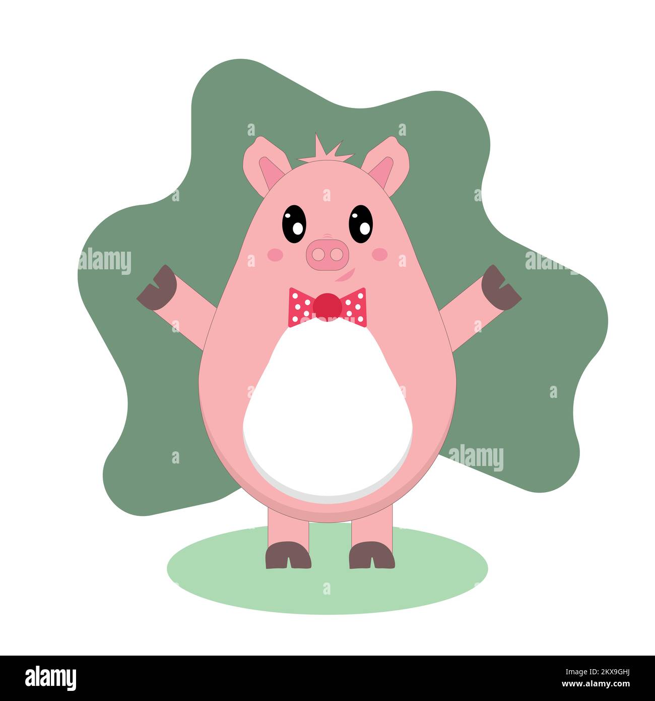 Cute happy pink pig with bow tie, standing. Vector cartoon character
