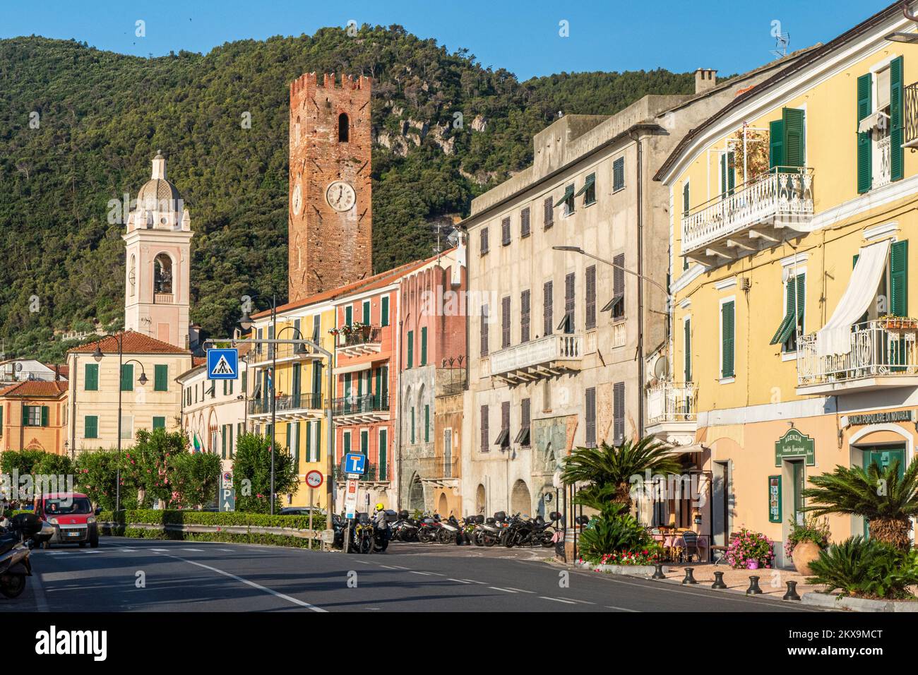Noli, Italy - 07-07-2021: The promenade of Noli with beautiful colored