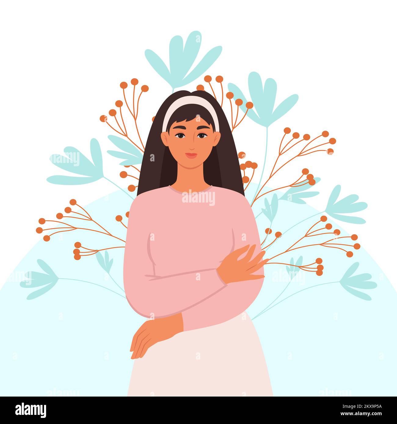 Woman hugs herself, concept of psychological health and self love. Vector illustration Stock Vector