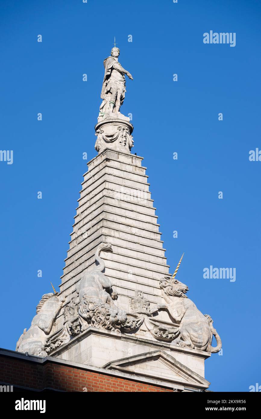 The stepped tower of St Church, Bloomsbury, topped by a statue
