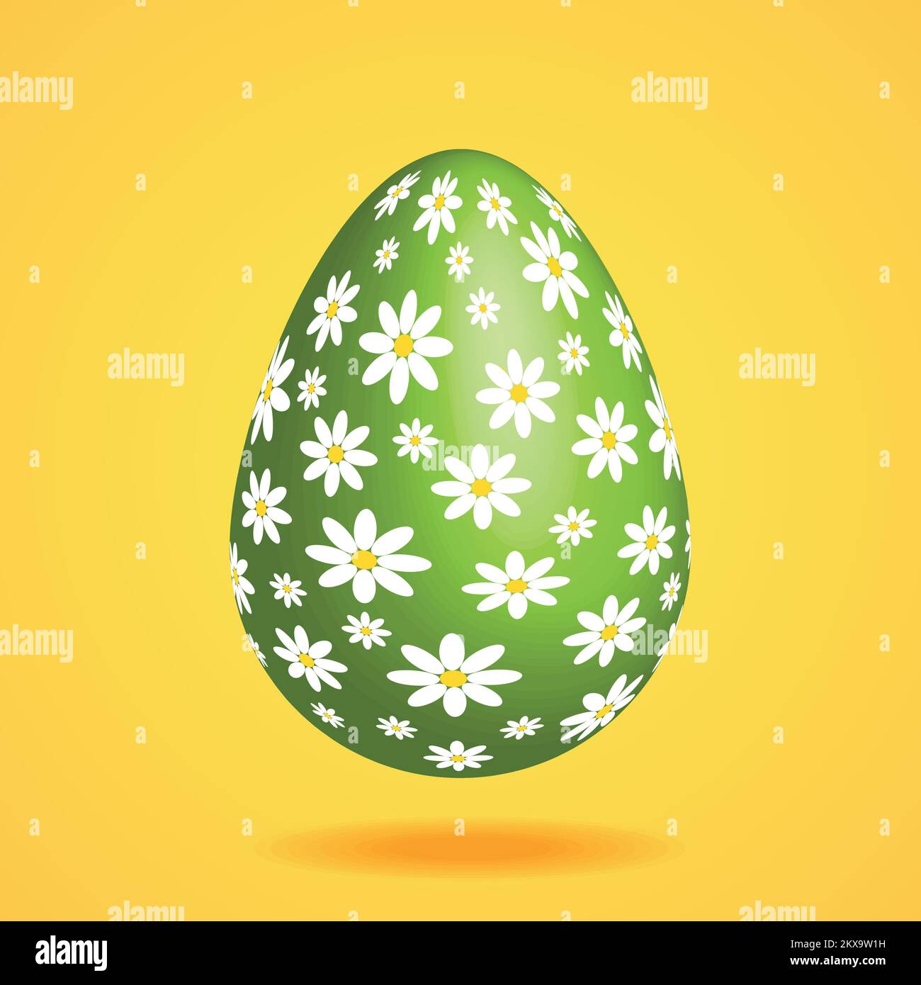 Green egg with a floral pattern with a shadow, on a yellow orange background. Realistic Easter egg isolated on yellow background. Greeting card templa Stock Vector