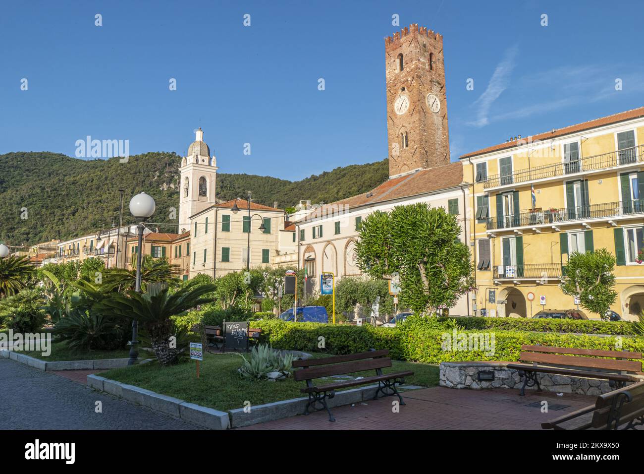 Noli, Italy - 07-07-2021: The promenade of Noli with beautiful colored ...