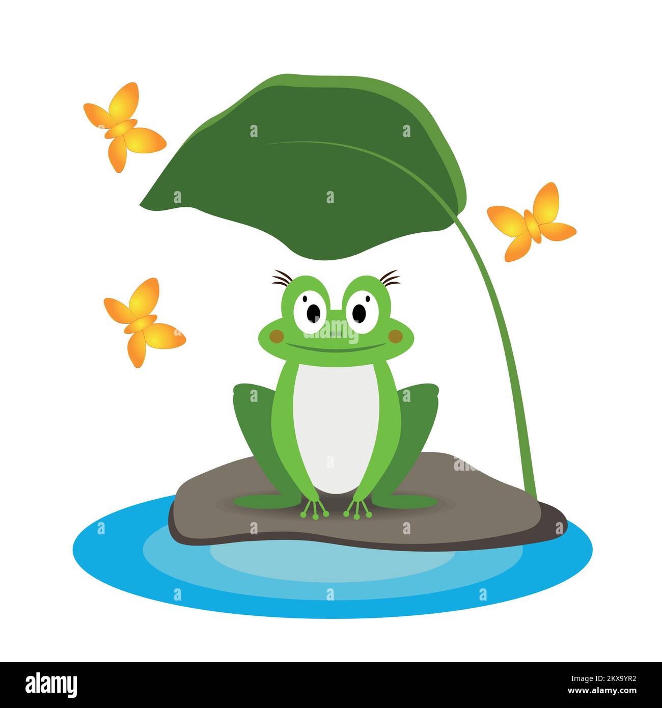 Funny green frog on a stone near a puddle under a leaf, isolated on a white background. Vector illustration in a flat style. Stock Vector