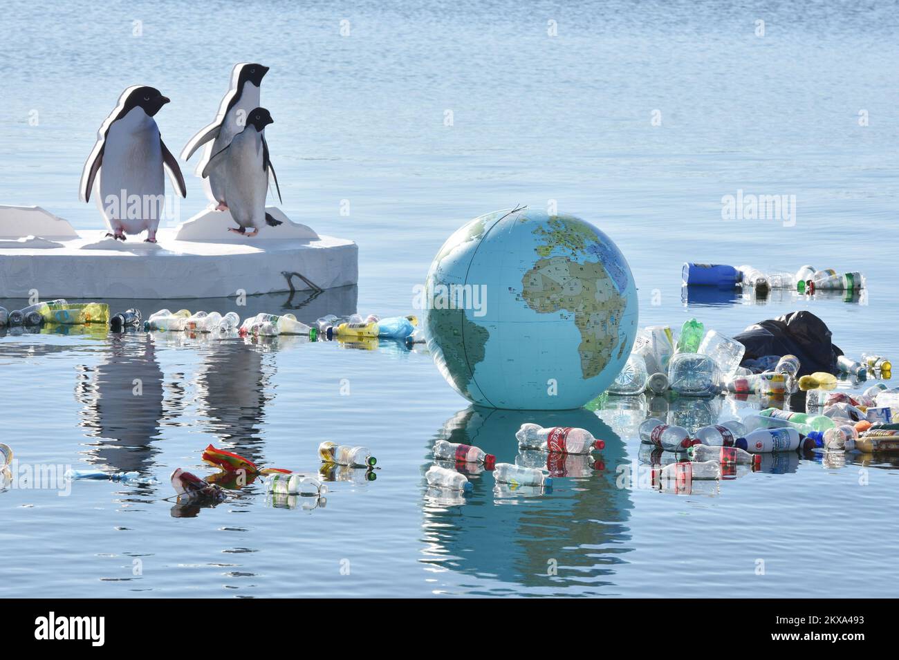 01.01.2018., Sibenik, Croatia - The Sailing Club Val from Sibenik and the City of Sibenik set in front of the beach Banj an installation related to global warming and plasticity in the sea. Photo: Hrvoje Jelavic/PIXSELL Stock Photo