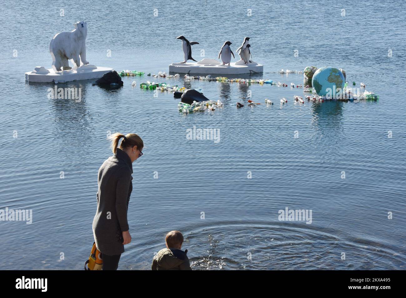 01.01.2018., Sibenik, Croatia - The Sailing Club Val from Sibenik and the City of Sibenik set in front of the beach Banj an installation related to global warming and plasticity in the sea. Photo: Hrvoje Jelavic/PIXSELL Stock Photo