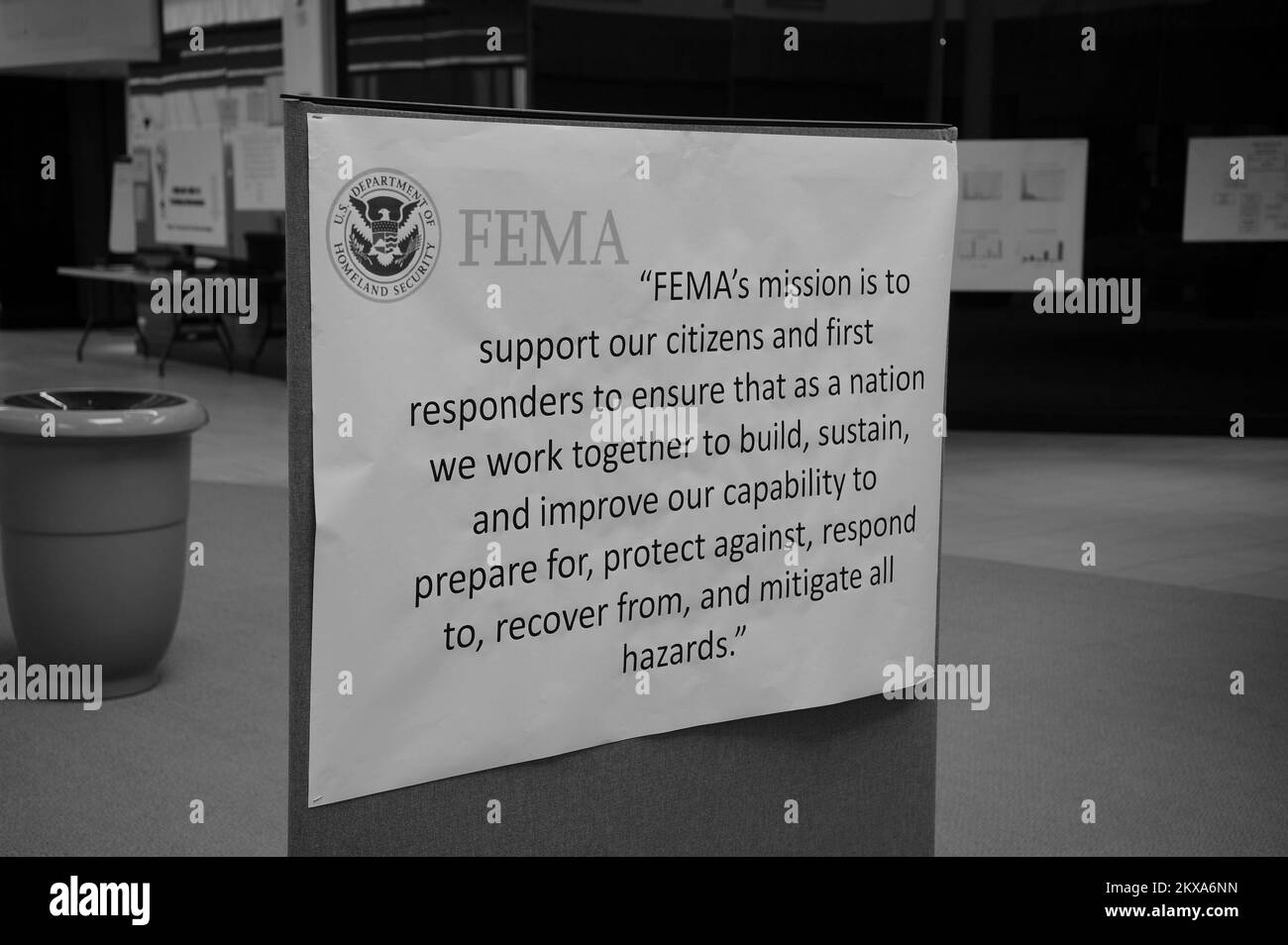 Emergency Planning and Security - Antioch, Tenn. , July 9, 2010   The FEMA Mission Statement is clearly visible at the DR-1909 Joint Field Office in Antioch Tennessee. Head of the Federal Emergency Management Agency Craig Fugate changed the mission statement in September of 2009 to a more modest and collaborative pledge. Martin Grube/FEMA. Tennessee Severe Storms, Flooding, Straight-Line Winds, and Tornadoes. Photographs Relating to Disasters and Emergency Management Programs, Activities, and Officials Stock Photo