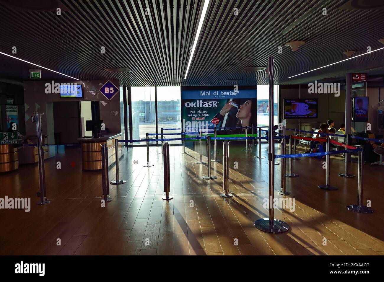 ROME, ITALY - AUGUST 04, 2015: Fiumicino Airport interior. Fiumicino - Leonardo da Vinci International Airport is a major international airport in Rom Stock Photo