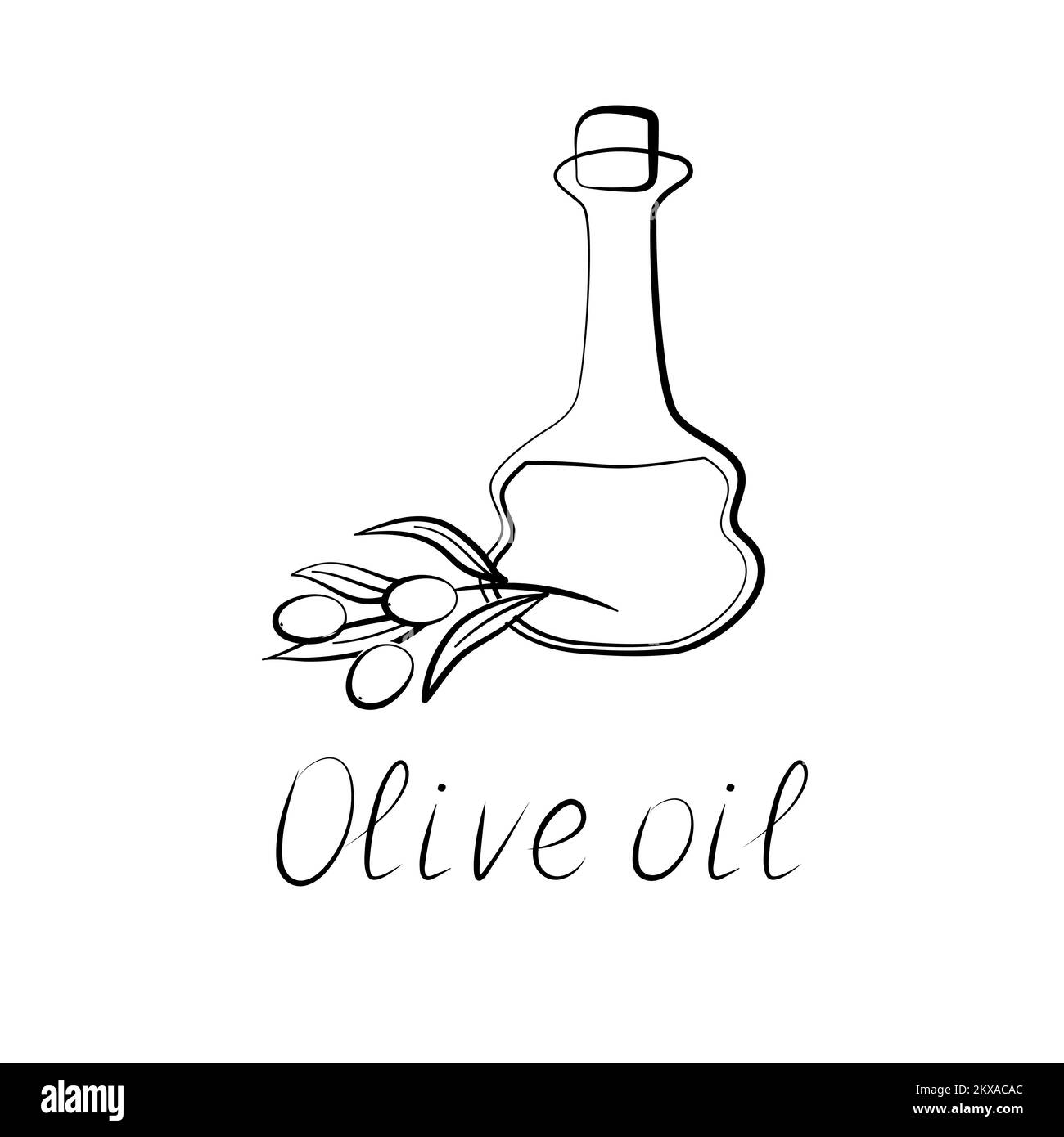Olive oil in jug and sprig of olive. Flat isolated icon. Hand-written